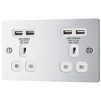 Image of LAP 13A 2-Gang Unswitched Socket + 4.2A 4-Outlet Type A USB Charger Polished Chrome with White Inserts 