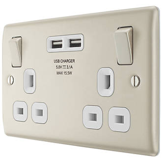 Image of British General Nexus Metal 13A 2-Gang SP Switched Socket + 3.1A 2-Outlet Type A USB Charger Pearl Nickel with White Inserts 