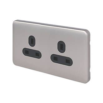 Image of Schneider Electric Lisse Deco 13A 2-Gang Unswitched Plug Socket Brushed Stainless Steel with Black Inserts 