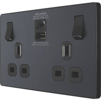 Image of British General Evolve 13A 2-Gang SP Switched Socket + 3A 2-Outlet Type A & C USB Charger Grey with Black Inserts 