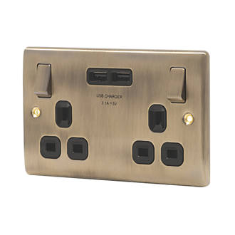 Image of British General Nexus Metal 13A 2-Gang SP Switched Socket + 3.1A 2-Outlet Type A USB Charger Antique Brass with Black Inserts 