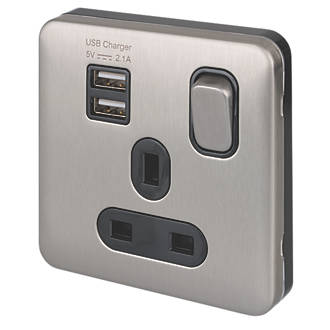 Image of Schneider Electric Lisse Deco 13A 1-Gang SP Switched Socket + 2.1A 2-Outlet Type A USB Charger Brushed Stainless Steel with Black Inserts 