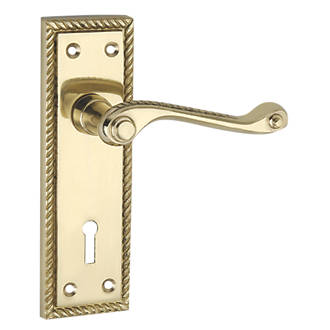 Image of Smith & Locke Long Georgian Fire Rated Lock Door Handles Pair Polished Brass 