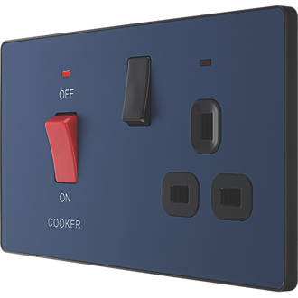 Image of British General Evolve 45A 2-Gang 2-Pole Cooker Switch & 13A DP Switched Socket Blue with LED with Black Inserts 