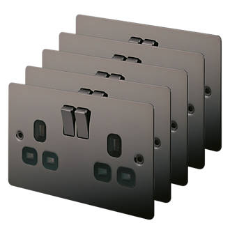 Image of LAP 13A 2-Gang DP Switched Plug Socket Black Nickel with Black Inserts 5 Pack 