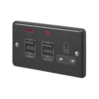 Image of MK Contoura 45A 2-Gang DP Cooker Switch & 13A DP Switched Socket Black with Neon with Colour-Matched Inserts 