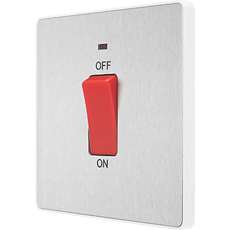 Image of British General Evolve 45A 1-Gang 2-Pole Cooker Switch Brushed Steel with LED with White Inserts 