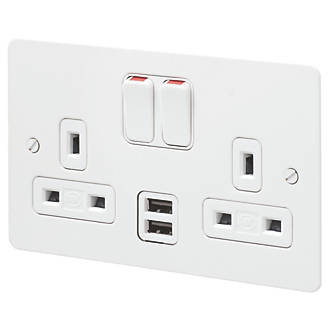 Image of MK Edge 13A 2-Gang DP Switched Socket + 2A 2-Outlet Type A USB Charger White with Colour-Matched Inserts 