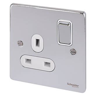 Image of Schneider Electric Ultimate Low Profile 13A 1-Gang SP Switched Plug Socket Polished Chrome with White Inserts 