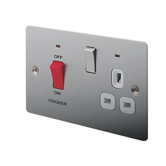 Image of LAP 45A 2-Gang DP Cooker Switch & 13A DP Switched Socket Brushed Stainless Steel with LED with White Inserts 