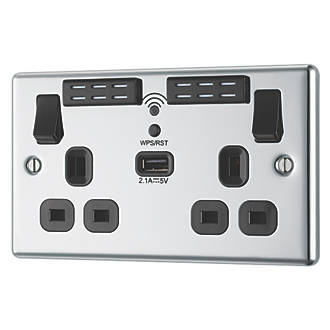 Image of LAP 13A 2-Gang SP Switched Wi-Fi Extender Socket + 2.1A 1-Outlet Type A USB Charger Polished Chrome with Black Inserts 
