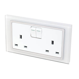 Image of Retrotouch Crystal 13A 2-Gang DP Switched Plug Socket White Glass with White Inserts 