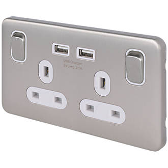 Image of Schneider Electric Lisse Deco 13A 2-Gang SP Switched Socket + 2.1A 2-Outlet Type A USB Charger Brushed Stainless Steel with White Inserts 