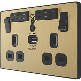Image of British General Evolve 13A 2-Gang SP Switched Double Socket With WiFi Extender + 2.1A 1-Outlet Type A USB Charger Satin Brass with Black Inserts 