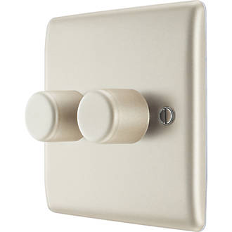 Image of British General Nexus Metal 2-Gang 2-Way LED Trailing Edge Double Push Dimmer Switch with Rotary Control Pearl Nickel with Colour-Matched Inserts 