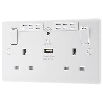 Image of LAP 13A 2-Gang SP Switched Wi-Fi Extender + 2.1A 1-Outlet Type A USB Charger White 