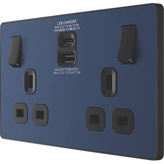 Image of British General Evolve 13A 2-Gang SP Switched Socket + 3A 2-Outlet Type A & C USB Charger Blue with Black Inserts 