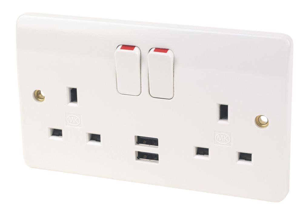 MK 13A 2-Gang Double Pole Switched Socket & 2.1A USB Charger White ...