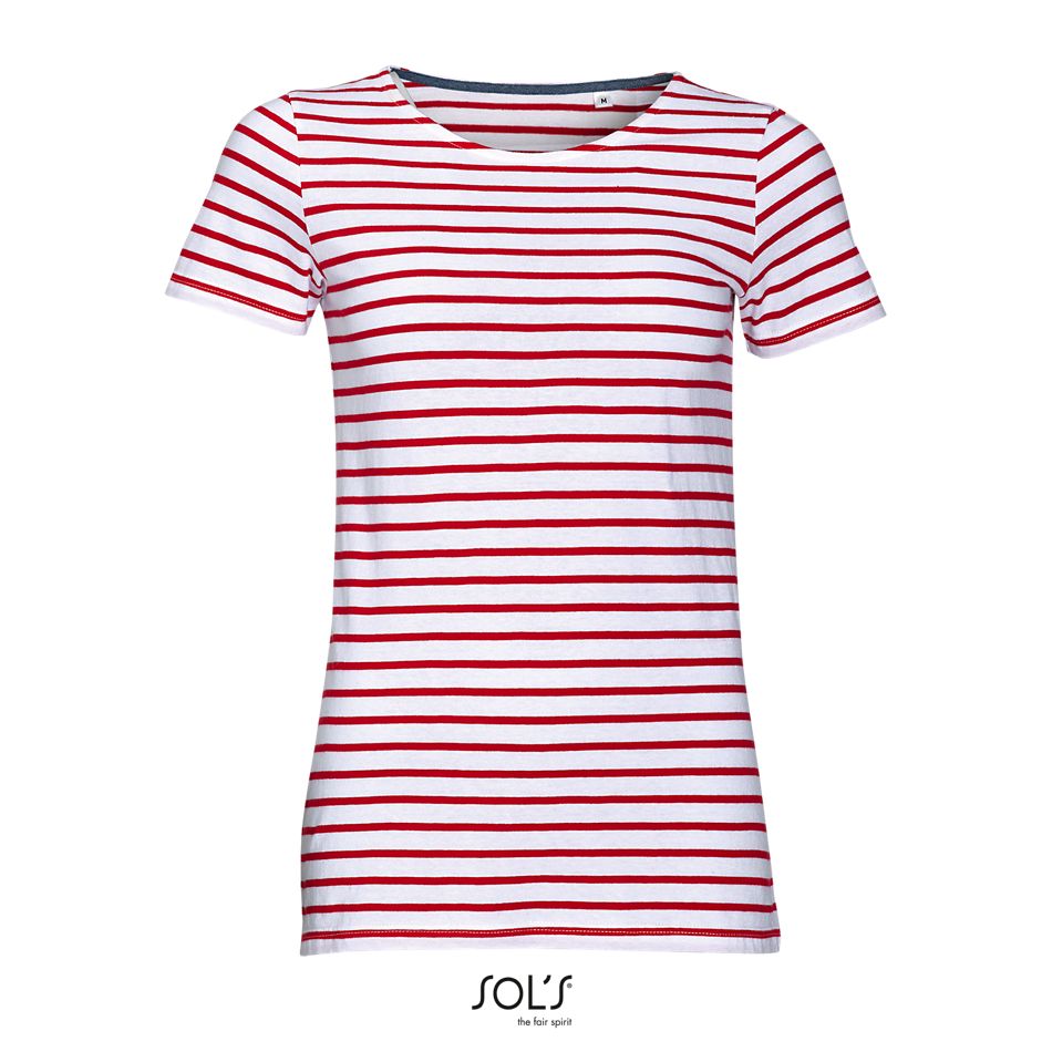 Camiseta De Cuello Redondo A Rayas Para Mujer SOL'S MILES WOMEN BLANCO / ROJO