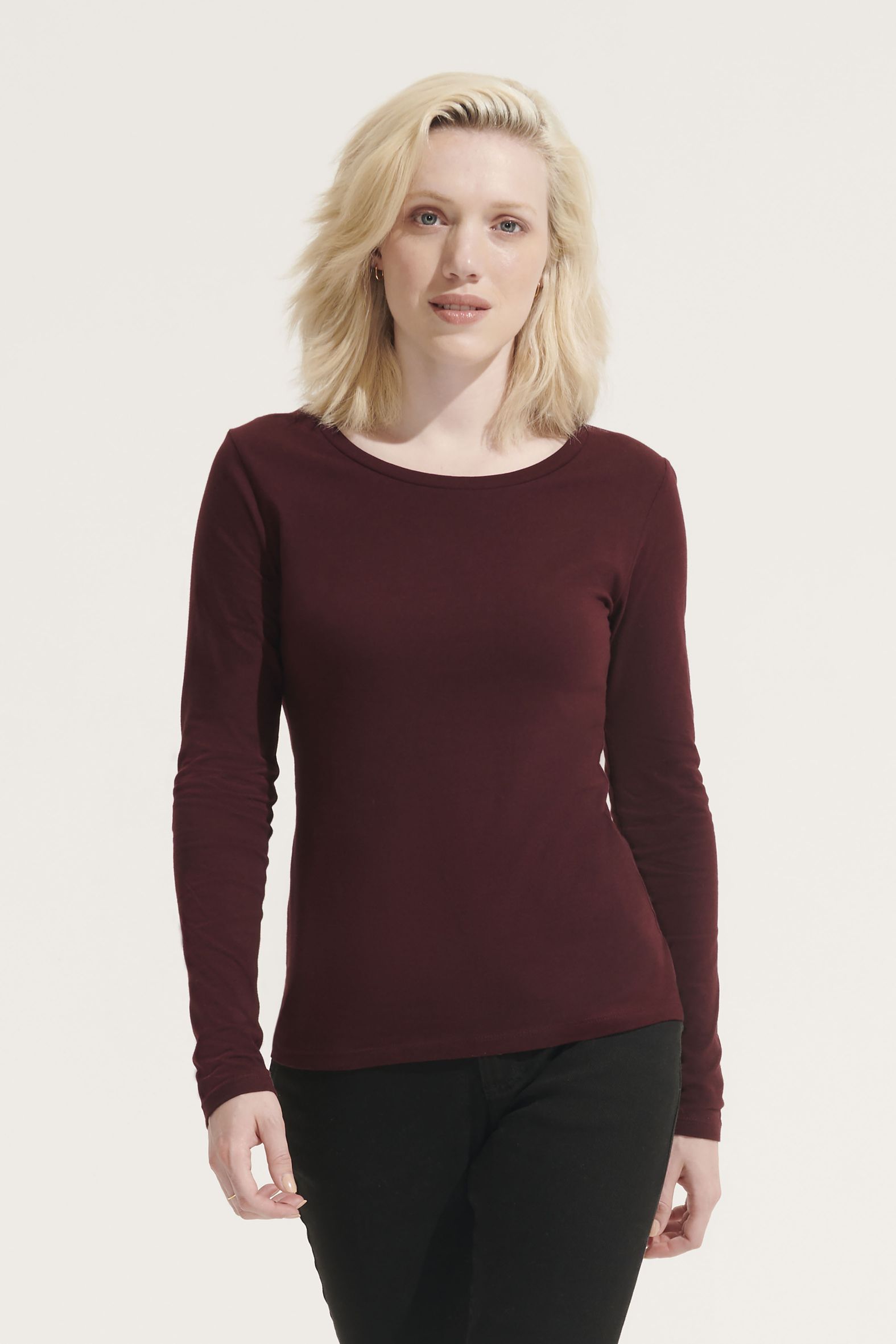 MAJESTIC - Camiseta Mujer Manga Larga Con Cuello Redondo